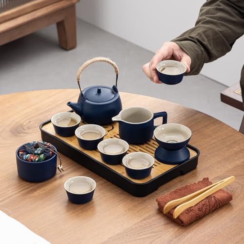 14-Piece Portable Ceramic Travel Tea Set - Chinese Kung Fu Tea Kit with Bamboo Tray & Leather Carry Bag (Blue) for Home/Office/Camping/Gifting - Image 6