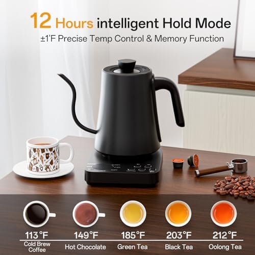 Gooseneck Electric Kettle, 5 Preset Temp Control, ±1℉ Precision, 1.0L Pour Over Kettle for Coffee & Tea, Stainless Steel Interior, 1200W, Black - Image 6