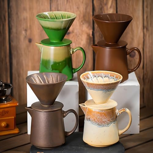Ceramic Pour Over Coffee Dripper Vintage, Pour Over Coffee Maker Set, Filter Cup, Coffee Brewer Cone Filter, V60 Dripper & Decanter set, for Home Café Restaurant, 1-2 Cup (Gradient Yellow) - Image 3