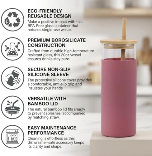 Glass Tumbler with Bamboo Lid and Straw, 20oz Borosilicate Glass Water Bottle, Reusable Iced Coffee Cup with Silicone Sl - Image 3