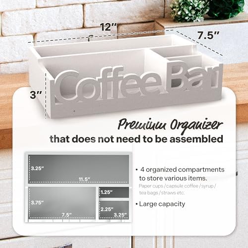 Coffee Bar Organizer Countertop, White Wood Coffee Station Caddy Tray,White - Image 4