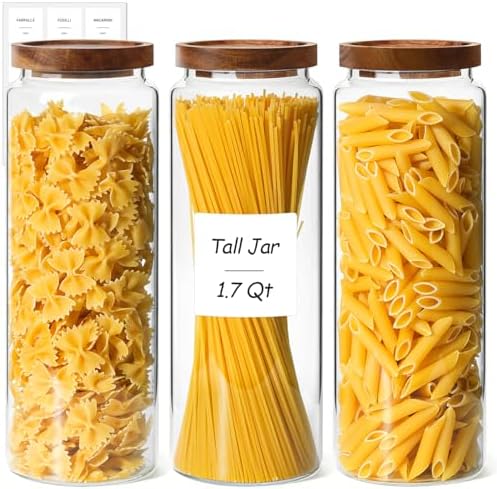 ComSaf Glass Pasta Storage Containers with Acacia Wood Lids 1.7Qt 3Pack by ComSaf