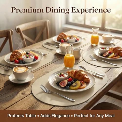 Premium Oval Faux Leather Placemat & Coaster Set with Innovative Cork-Look Printed Base，4/6/8-Piece Sets & 8 Colors，Non-Slip Dining Table Mats for Kitchen Dining - Image 5