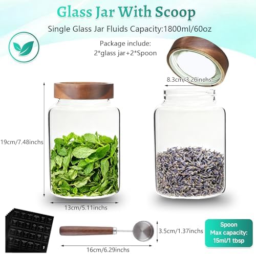 60 oz Glass Coffee Jars with Wooden Airtight Lid Spoon Clear Herb Ground Canister Round Food Storage Container for Sugar Pantry Flours Tea Coffee Bean Spice Cookies (1800ml/60oz-2PACK（with spoon)) - Image 3