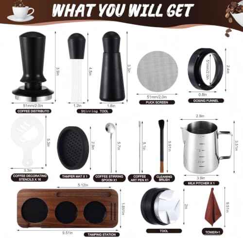 13 Pcs Espresso Accessories Set 51mm Tamper WDT Espresso Distribution TOOL Kit Frothing Pitcher, Mat, Latte Art Pen, Sandalwood Tamping Station, Barista Towel, Brush and Decorative Stencils - Image 2