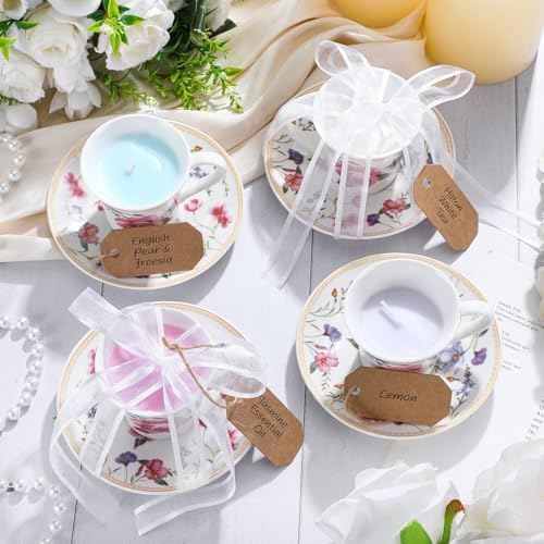 Nuanchu 4 Set Mini Vintage Tea Cup Candle Floral Cups with Saucer, Colorful - Image 3