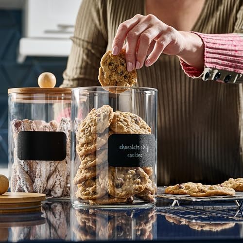 Le'raze Set of 2 Glass Canisters for Kitchen Counter with Airtight Bamboo Lids + Marker & Labels - 68oz. Large Cookie Jars Wooden Lid, Food Storage Containers Pantry, Flour, Sugar, Pasta, Candy. - Image 4