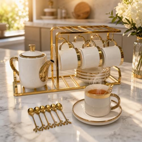 -Luxury 20-Piece White Porcelain Tea Set with Electroplated Gold Trim - Modern Ceramic Teapot, 6 Tea Cups, 6 Saucers, 6 Leaf Design Spoons & Gold Display Rack - Tea Party Set - Image 2