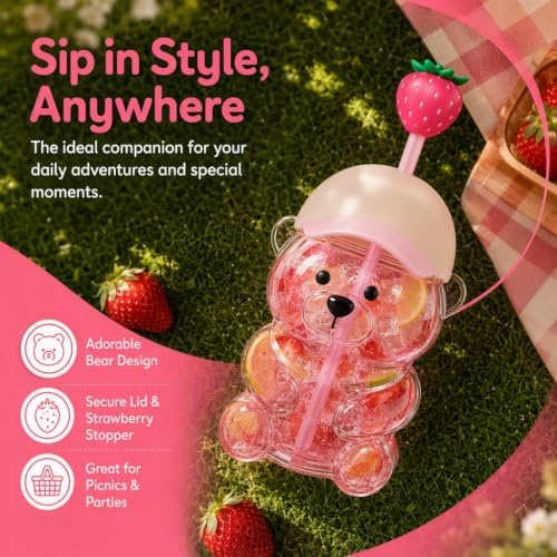 Glass Bear Cup with Straw, Pink Cap Lid & Strawberry Topper,20 oz - Image 6