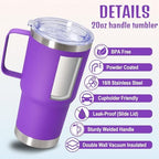 20 oz Tumbler with Handle and Lid Insulated Travel Coffee Mug Purple 6P - Image 3