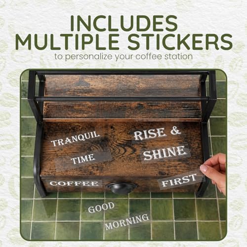 3-Tier Coffee Bar Stand Organizer for Countertop, Rustic Wood & Metal Bottle Display Shelf with Coffee Pod Drawer, Wine Rack, Liquor Display Shelf for Home Coffee Station - Image 4