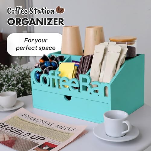 Coffee Bar Organizer Countertop, Wood Coffee Station, Drawer, Turquoise - Image 5