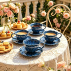 KOOV Latte Cup and Saucer Set of 4, Vintage Hand-Painted 10 oz Ceramic Cappuccino Cups, Reactive Glazed Latte Art Cup and Saucer For Latte, Espresso, Tea, Pansy Series (Nebule Blue) - Image 5