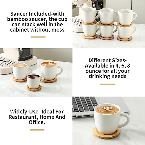 HASENSE 8 oz Cappuccino Cups with Saucers set of 6, Porcelain Coffee Mugs Latte Mugs with Handle Perfect for Double Shot, Americano, Milk and Tea, White - Image 2