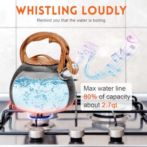 GGC Tea Kettle for Stove Top, Loud Whistling Kettle for Boiling Water Coffee or Milk, 3.1 Quart Heavy Stainless Steel Starry Black Kettle with Wood Pattern Handle, Unique Button Control Kettle Outlet - Image 4