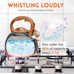 GGC Tea Kettle for Stove Top, Loud Whistling Kettle for Boiling Water Coffee or Milk, 3.1 Quart Heavy Stainless Steel Starry Black Kettle with Wood Pattern Handle, Unique Button Control Kettle Outlet - Image 4