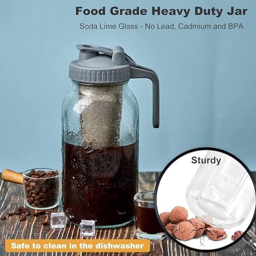 GOSCHE 64oz Glass Pitcher with Lid, Coffee Mason Jar with Pour Spout Lids, Grey - Image 3