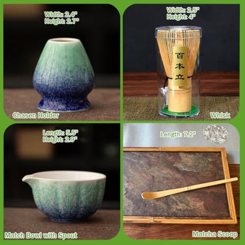 Matcha Whisk Set, Matcha Bowl with Spout(17oz), Matcha Whisk and Holder, Bamboo Matcha Scoop - 4 Pcs Ceremonial Grade Matcha kit for Matcha Tea Lovers Blue & Green - Image 2