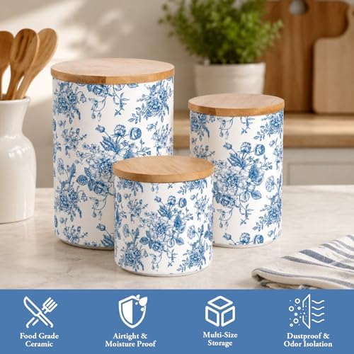 AnyDesign Chinoiserie Floral Ceramic Kitchen Canisters Sets Vintage Blue Flower Clear Storage Jar with Airtight Lids for Home Kitchen Countertop Decor Flour Sugar Tea Spice Container, Set of 3 - Image 3