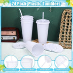 24 Pack Plastic Tumblers With Lids and Straws, Reusable 24 oz Colorful Cups for Parties, Birthdays, Iced Coffee, Cold Drinks (Stylish Colors-White) - Image 2