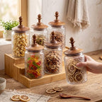 Suclain 6 Pack 24oz Glass Spice Jars with Dark Wood Lids Vintage Canisters with Begonia Pattern Airtight Food Storage Container for Home Kitchen Tea Coffee Spice Pantry Organization Decorations - Image 6
