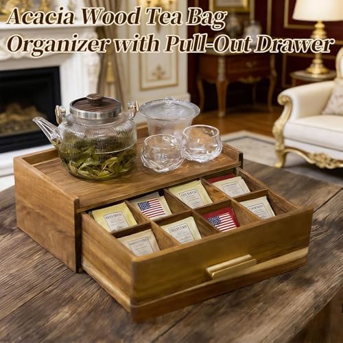 Acacia Wood Tea Bag Organizer with Drawer - Image 4