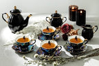 Halloween Goth Tea Set, Black Gold Scallop Teapot, Black Gold Scallop Sugar Creamer, 4 Crow with Red Roses Black Gold Luster Tea Cup and Saucer Sets - Image 2