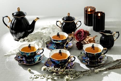 Halloween Goth Tea Set, Black Gold Scallop Teapot, Black Gold Scallop Sugar Creamer, 4 Crow with Red Roses Black Gold Luster Tea Cup and Saucer Sets - Image 2