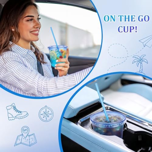 tchrules 100 Set 12oz Blue Plastic Iced Coffee Cups with Lids and Straws - Image 7