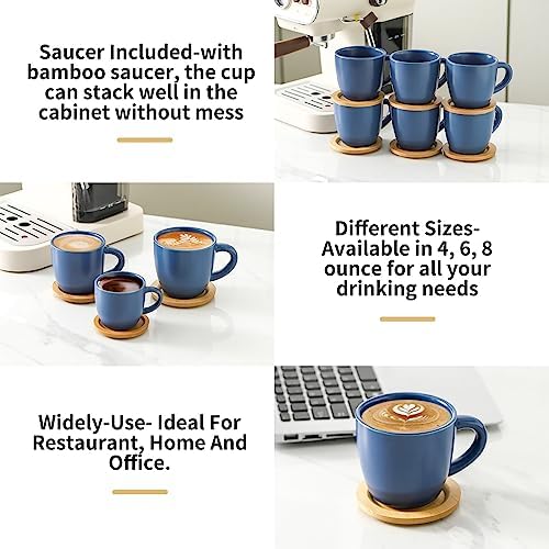 HASENSE 8 OZ Cappuccino Cups with Saucers, Ceramic Espresso Cups Set of 6, Coffee Cup with Handle for Double Shot, Latte, Mocha, Espresso Cups for Home and Office,Blue - Image 5