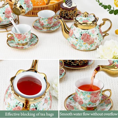 20 Pcs Porcelain Tea Set with Metal Holder, Adult Tea Set Gift, European Ceramic Tea Set for Adults, Flower Tea Cup Saucer Set for Party With Gold Flower Painting (Vibrant Green) - Image 4