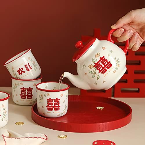 Chinese Porcelain Tea Cup Set, Ceramic Tea Set with Tray for Wedding Party Home Decor Housewarming Ceremony (4 tea cups+1 teapot+ 1 tray) - Image 4