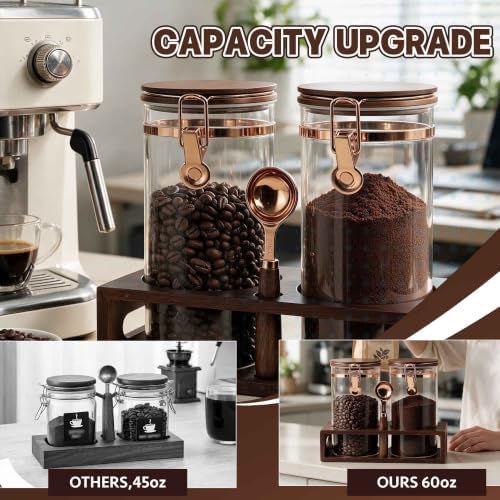 2 x 60Oz Coffee Container, Glass Coffee Bean Storage with Scoop & Wood Rack - Image 2