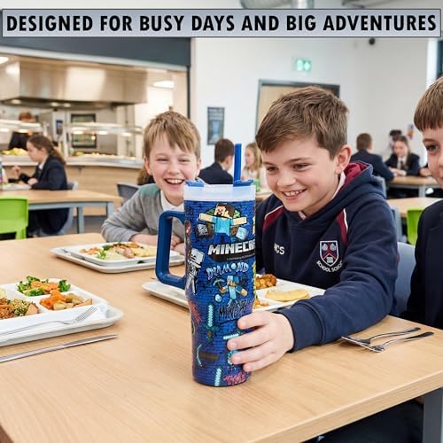 Get Trend Minecraft Tumbler with Handle and Straw 32 oz, Keeps Hot 8 Hrs, Cold 12H & Ice 42H, BPA-Free Insulated Stainless Steel Water Bottle, Travel Mug, Gamer Gifts (Blue Minecraft) - Image 3