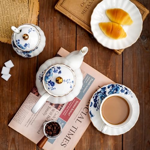 Agyiuns Tea Pot, Porcelain Teapot 37oz,tea pots for tea party,Tea Infuser Pots for Blooming loose Leaf Tea (White with blue flower) - Image 4