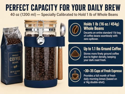 KKC Airtight Glass Coffee Canister 40 oz/1200 ml with Scoop, Holds 1 lb Whole Coffee Beans & Ground Coffee, Clear Storage Jar with Bamboo Lid & Silicone Base Protector for Coffee Bar, Blue - Image 2