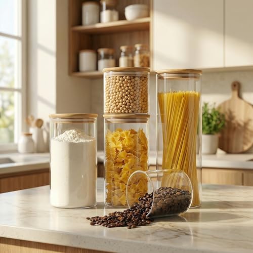 Round Glass Storage Containers with Bamboo Lids for Pasta & Flour, 5 Pack - Image 2