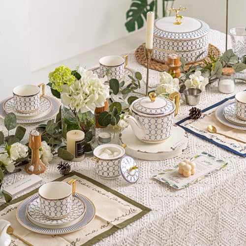 CwlwGO- Bone China Tea Cup Sets,15-Pieces Tea Cup and Saucer Set Service For 4 Whit 28 Ounces Teapot,Sugar Bowl,Creamer Pitcher and Spoons, Tea Gifts Sets For Women Patry. - Image 5