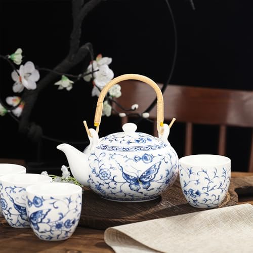 fanquare Chinese Blue and White Porcelain Tea Set with 1 Teapot Set, 6 Tea Cups, Butterfly Pattern Asian Japanese Tea Sets for Adults - Image 3
