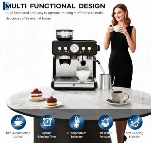 20 Bar Espresso Coffee Machine with Built-in Bean Grinder, 1400W 360° Steam Wand Latte Cappuccino Maker, 30 Grind Levels, Pressure Gauge, Self-Cleaning Stainless Steel Espresso Maker for Home Barista - Image 2