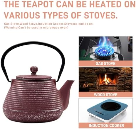 20.3oz Small Cast Iron Teapot, SECHUDO Tea Kettle for Stovetop Safe Coated with Enameled Interior, Tea Pot with Stainless Steel Infuser for Loose Tea (Pink Pinstripe Pattern) - Image 3