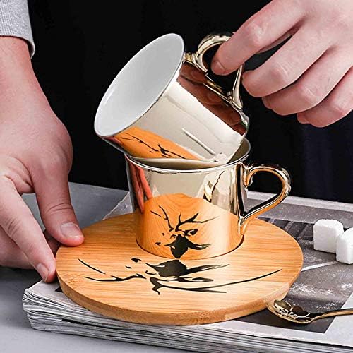 Mirror Cup and Saucer Set Cappuccino Cups Set of 2 Ceramic Gold Animal Espresso Cups with Saucers and Spoons 8 Ounce Tea Coffee Cup with Wood Saucer, Set of 2, Golden Best Gift - Image 3