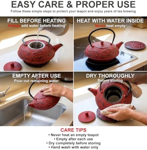 40 Oz Red Dragon Cast Iron Teapot, Enamel Interior, Infuser & Trivet - Image 6