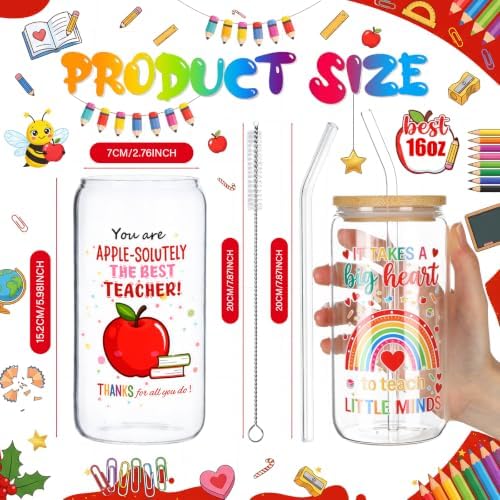 Vesici 6 Set Teacher Appreciation Gifts Thank You Glasses Cups 16 oz Drink Cup with Lid Straw and Stopper Can Shaped Beer Tumbler Christmas Appreciation Gifts with Cards and Bow for Party Favor - Image 2