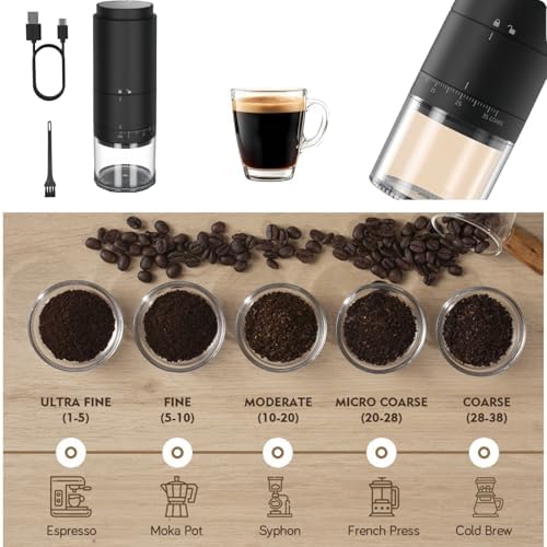 Portable Electric Coffee Grider with 40 Adjustable Levels Fine to Coarse Setting, Ceramic Conical Burr, for Home, Office, Travel, Camping, 1800mAH Rechargeable (black C, stainless steel burr) - Image 5