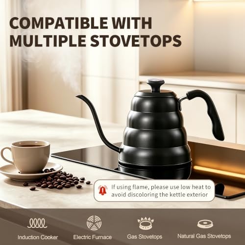 Gooseneck Kettle with Thermometer, Pour Over Coffee Kettle for Stovetop, Tea, Camping, 1200ml, Black - Image 4