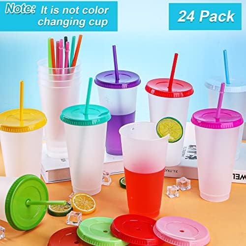 24 Pack Plastic Tumblers with Lids and Straw, Reusable Cups with Lids and Straws Clear Cups for Cold Drink Iced Coffee, Plastic Tumbler Bulk for Party Birthday Gifts (24 oz, Clear Colors) - Image 4