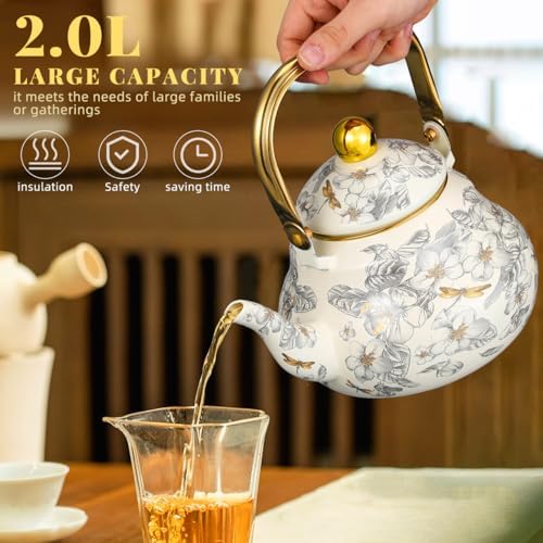 Cabilock 2.1 Quart Vintage Enamel Tea Kettle, Floral Stovetop Teapot with Porcelain Handle, Decorative Enamel Water Kettle for Tea, Coffee, Hot Water, Home Kitchen and Countertop Decor - Image 2