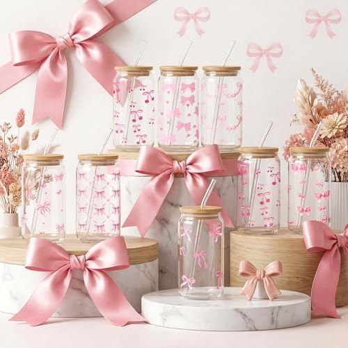 Mumufy 16 Sets Pink Bow Cute Glass Cups Bulk with Lids Straws, 16 Oz - Image 4