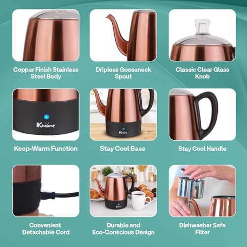 Euro Cuisine PER04 Stainless Steel Electric Coffee Percolator, 4 Cup, Polished Copper Finish, Dripless Gooseneck Spout, Clear Glass Knob, Brewing Indication, Keep-Warm Function, Detachable Cord - Image 3